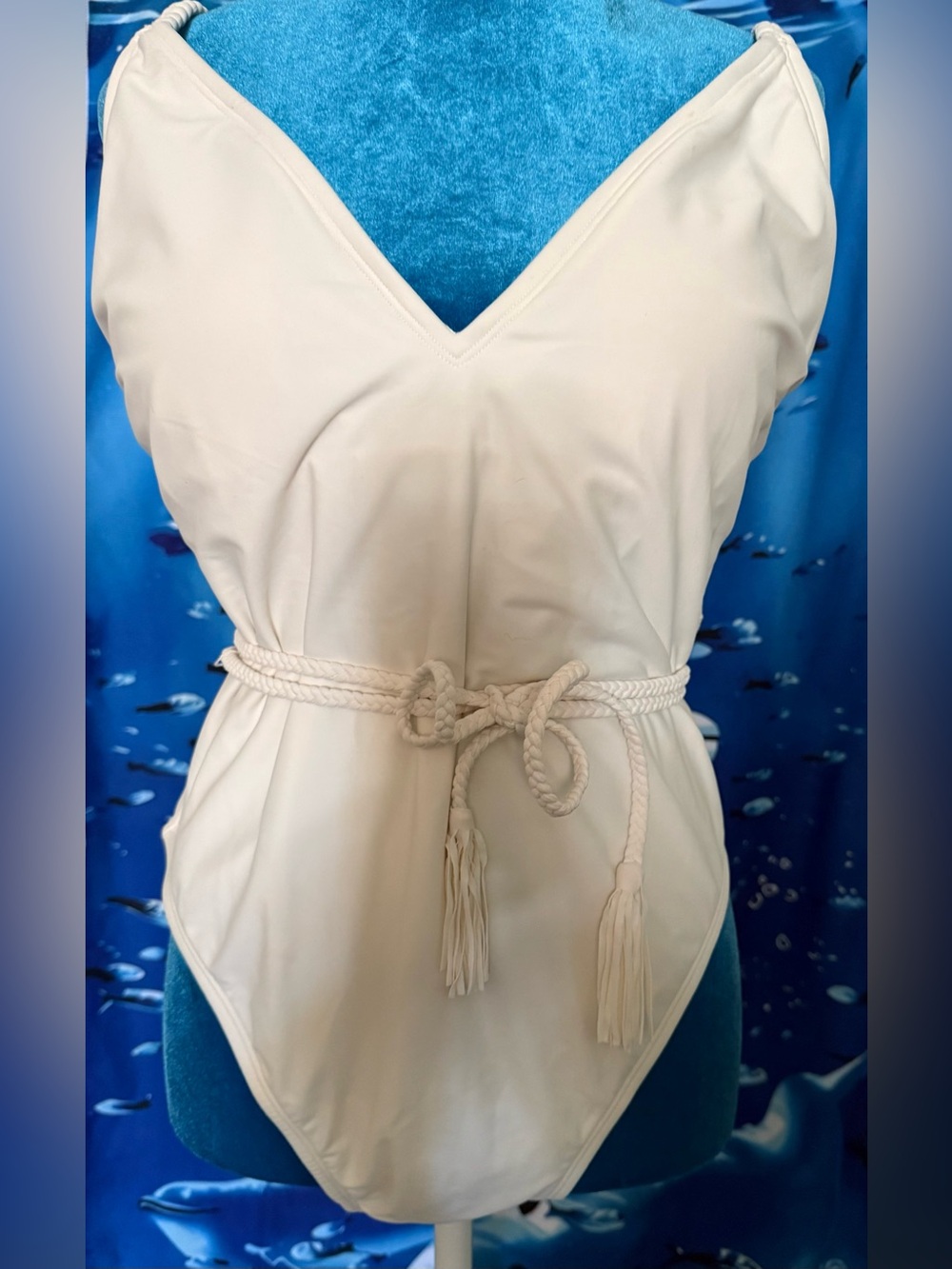 Shade & Shore White V-Neck One-Piece with Rope Belt